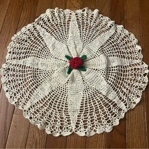 Vintage Crochet Off White Doily with Rose